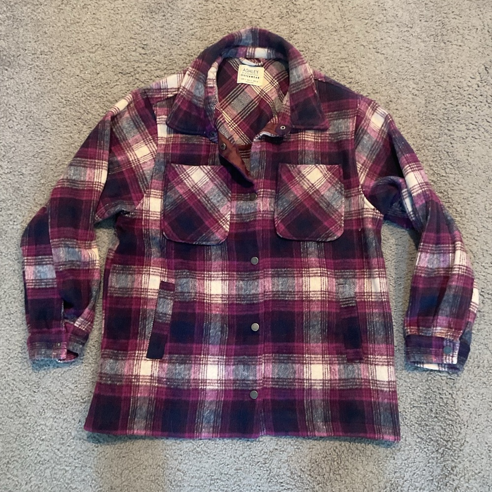 Ashley Outerwear Thick Purple Black Plaid Flannel Snap Jacket Shirt Top Coat, L